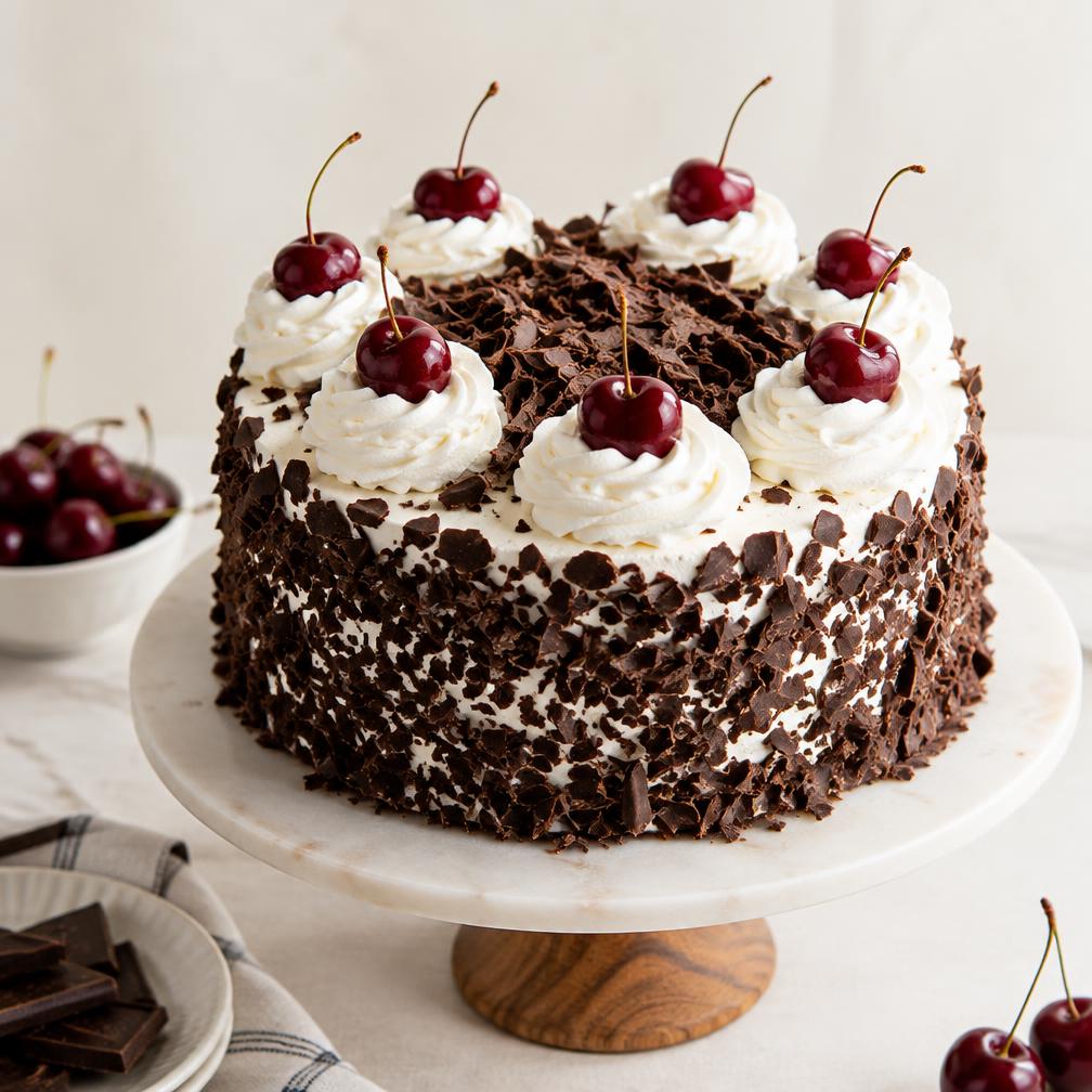 Black Forest cake decorated with cream and cherries