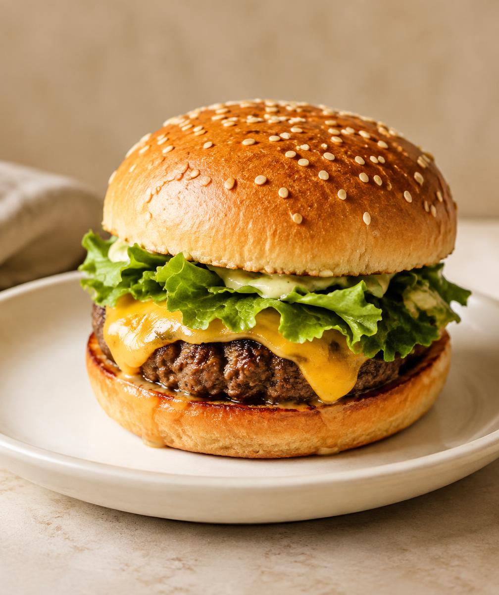 Fresh burger with lettuce, cheese and a sesame bun