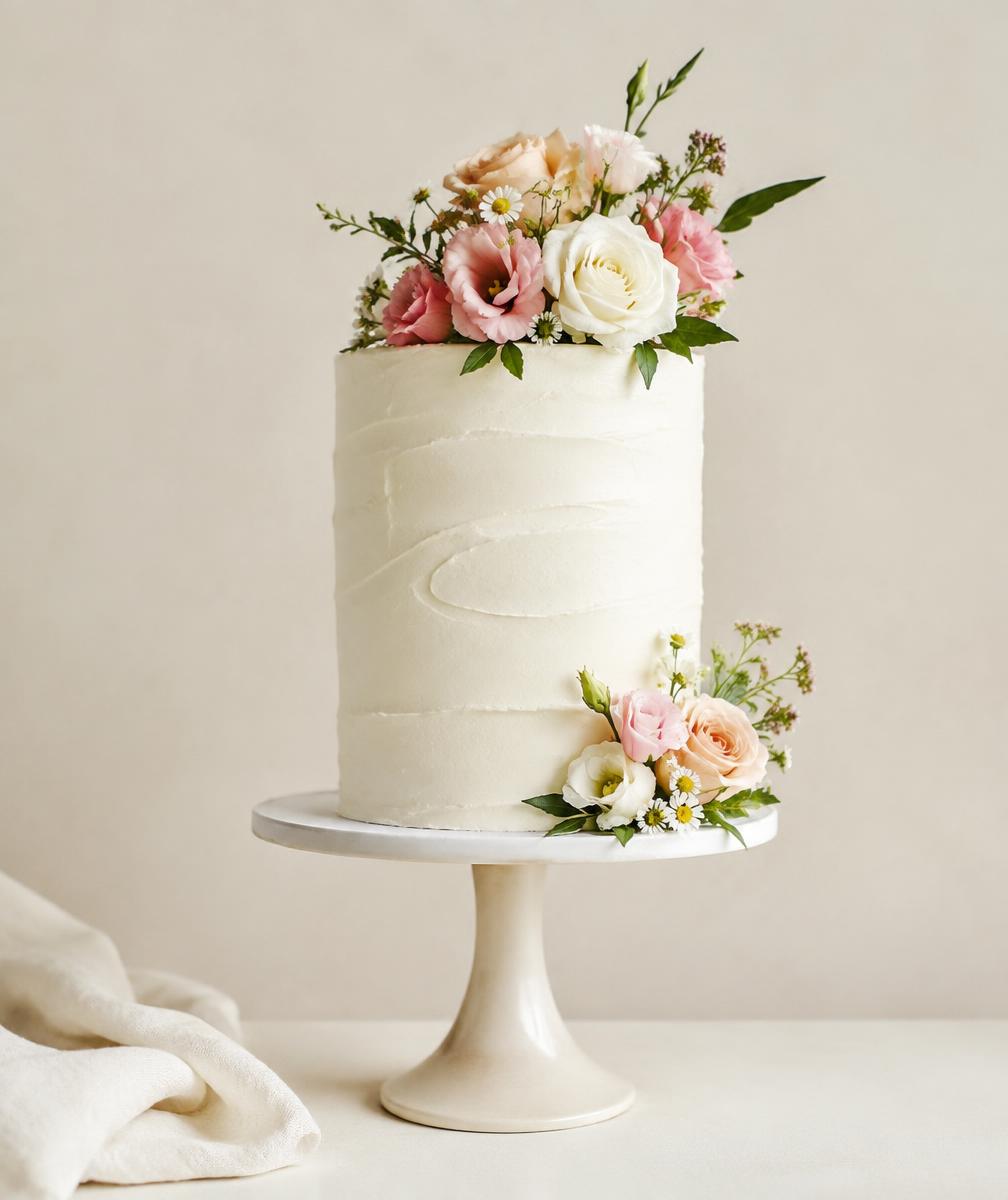 Fresh cream celebration cake decorated with strawberries and blueberries at SKG Bakery